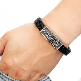 Pulsera Masón Hombre Cuero Negro Acero Inoxidable bobijoo