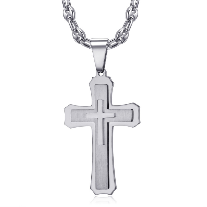 PE0208SCAF BOBIJOO Jewelry Herren Kreuz Anhänger Stahl Silber Kaffeebohnen Halskette