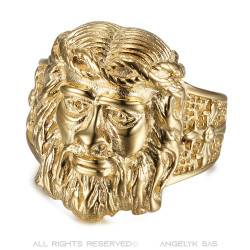 Ring Signet ring Head of Jesus Steel Gold Man Cross   IM#19200