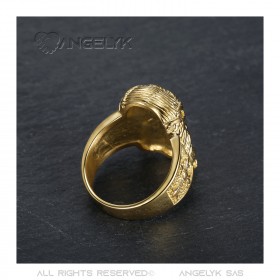 Ring Siegelring Kopf Jesu Stahl Gold Mann Kreuz   IM#19202