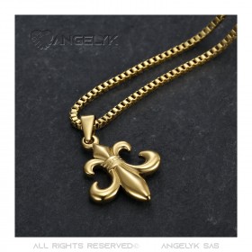 PE0130 BOBIJOO Jewelry Fleur-de-Lys Pendant, Steel Gold and its Venetian Chain