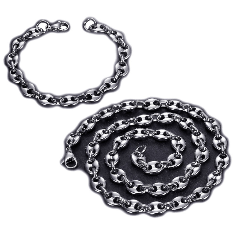 Ensemble Collier + Bracelet Grain de Café Acier Argenté bobijoo