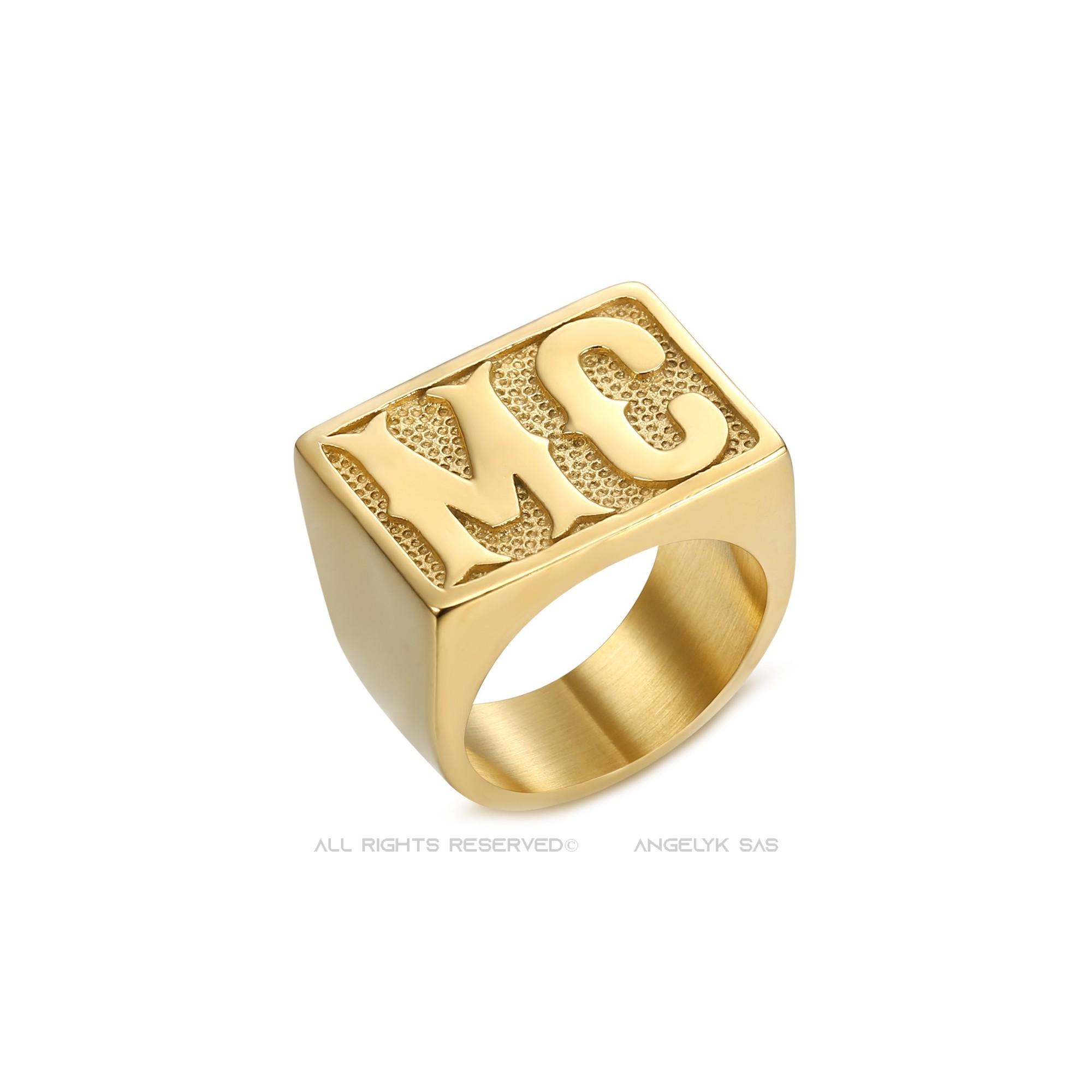 Anello Biker MC Signet Ring Uomo Rettangolo Acciaio Oro