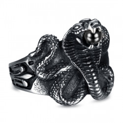 BA0240 BOBIJOO Jewelry Anillo Serpiente Cobra Orbe de Piedra Negra Acero Fleur-de-Lys
