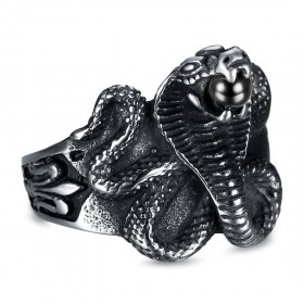 BA0240 BOBIJOO Jewelry Cobra Snake Ring Black Stone Orb Fleur-de-Lys Steel