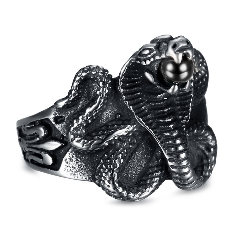 Bague serpent Cobra Pierre noire orbe Fleur de lys Acier bobijoo