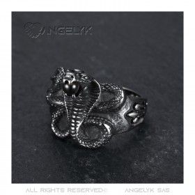 Bague serpent Cobra Pierre noire orbe Fleur de lys Acier bobijoo