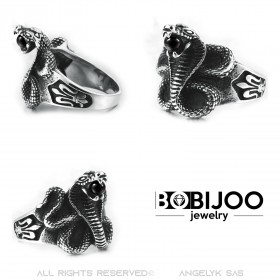 BA0240 BOBIJOO Jewelry Anello Serpente Cobra Pietra Nera Orb Acciaio Fleur-de-Lys