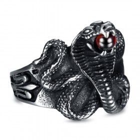 BA0240R BOBIJOO Jewelry Cobra Schlangenring Rote Steinkugel Fleur-de-Lys Stahl