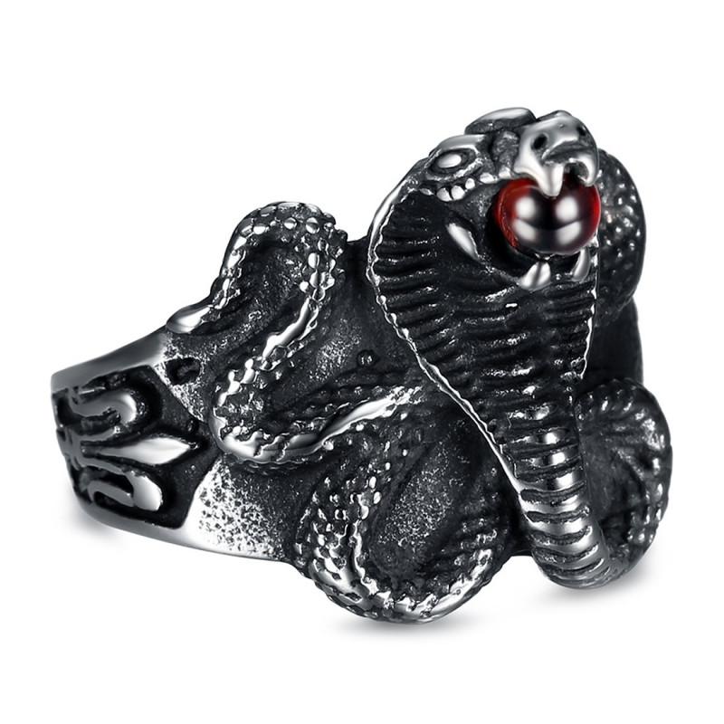 Bague serpent Cobra Pierre rouge orbe Fleur de lys Acier bobijoo