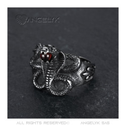 BA0240R BOBIJOO Jewelry Cobra snake ring Red stone orb Fleur-de-lys Steel