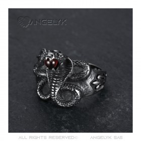 Bague serpent Cobra Pierre rouge orbe Fleur de lys Acier bobijoo