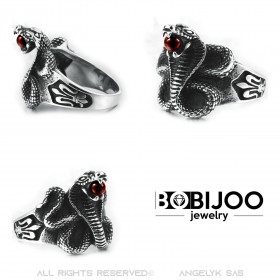 BA0240R BOBIJOO Jewelry Anello serpente Cobra Sfera di pietra rossa Acciaio Fleur-de-lys