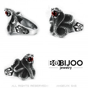 BA0240R BOBIJOO Jewelry Cobra Schlangenring Rote Steinkugel Fleur-de-Lys Stahl