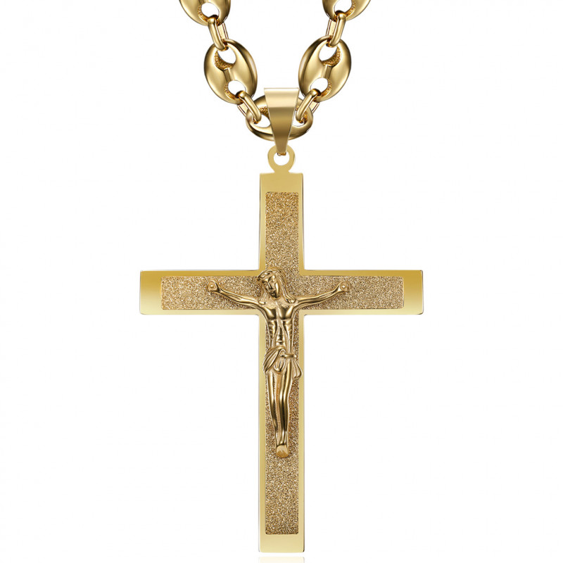 PE0322 BOBIJOO Jewelry Anhänger Kreuz Christi XXL und Kaffeebohne 70cm Gold