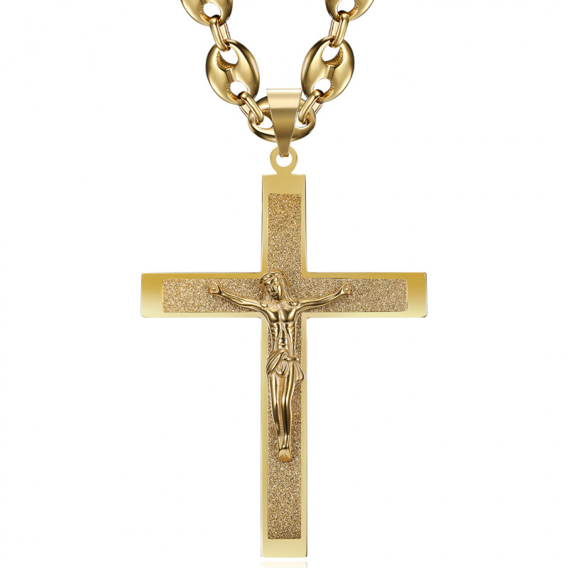 PE0322 BOBIJOO Jewelry Pendant Cross of Christ XXL and Coffee Bean 70cm Gold