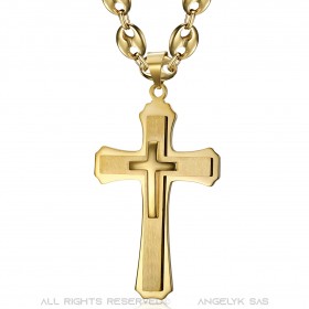 PE0323 BOBIJOO Jewelry XXL Triple Cross Anhänger und Kaffeebohne 70cm Gold