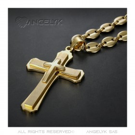 PE0323 BOBIJOO Jewelry XXL Triple Cross Pendant and Coffee Bean 70cm Gold