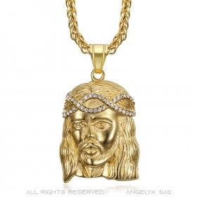 PE0008-GOLD BOBIJOO Jewelry Ciondolo testa di Cristo Acciaio Oro e diamanti falsi