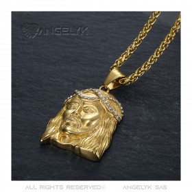 PE0008-GOLD BOBIJOO Jewelry Colgante cabeza de Cristo Acero Oro y diamantes falsos