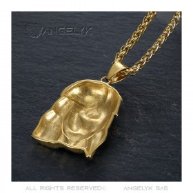 PE0008-GOLD BOBIJOO Jewelry Ciondolo testa di Cristo Acciaio Oro e diamanti falsi