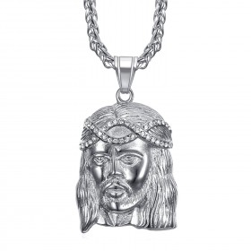 PE0008-SILVER BOBIJOO Jewelry Ciondolo testa di Cristo in acciaio argento e diamanti finti