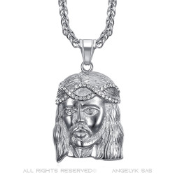 PE0008-SILVER BOBIJOO Jewelry Ciondolo testa di Cristo in acciaio argento e diamanti finti