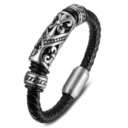Bracelet Fleur de Lys Homme Cuir Acier Inoxydable bobijoo