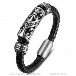 Bracelet Fleur de Lys Homme Cuir Acier Inoxydable bobijoo