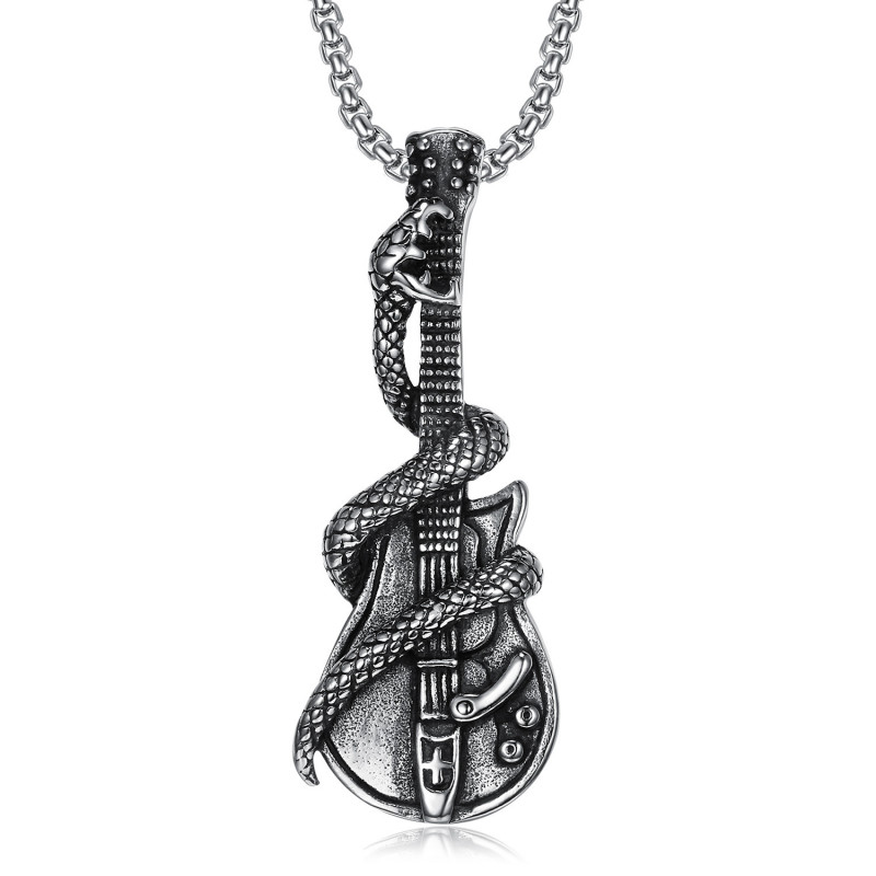 Pendentif guitare électrique et serpent en acier inoxydable