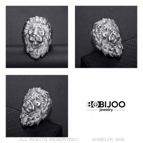 BA0340S BOBIJOO Jewelry anillo de cabeza de león: diamantes de plata y ojos, joya enorme