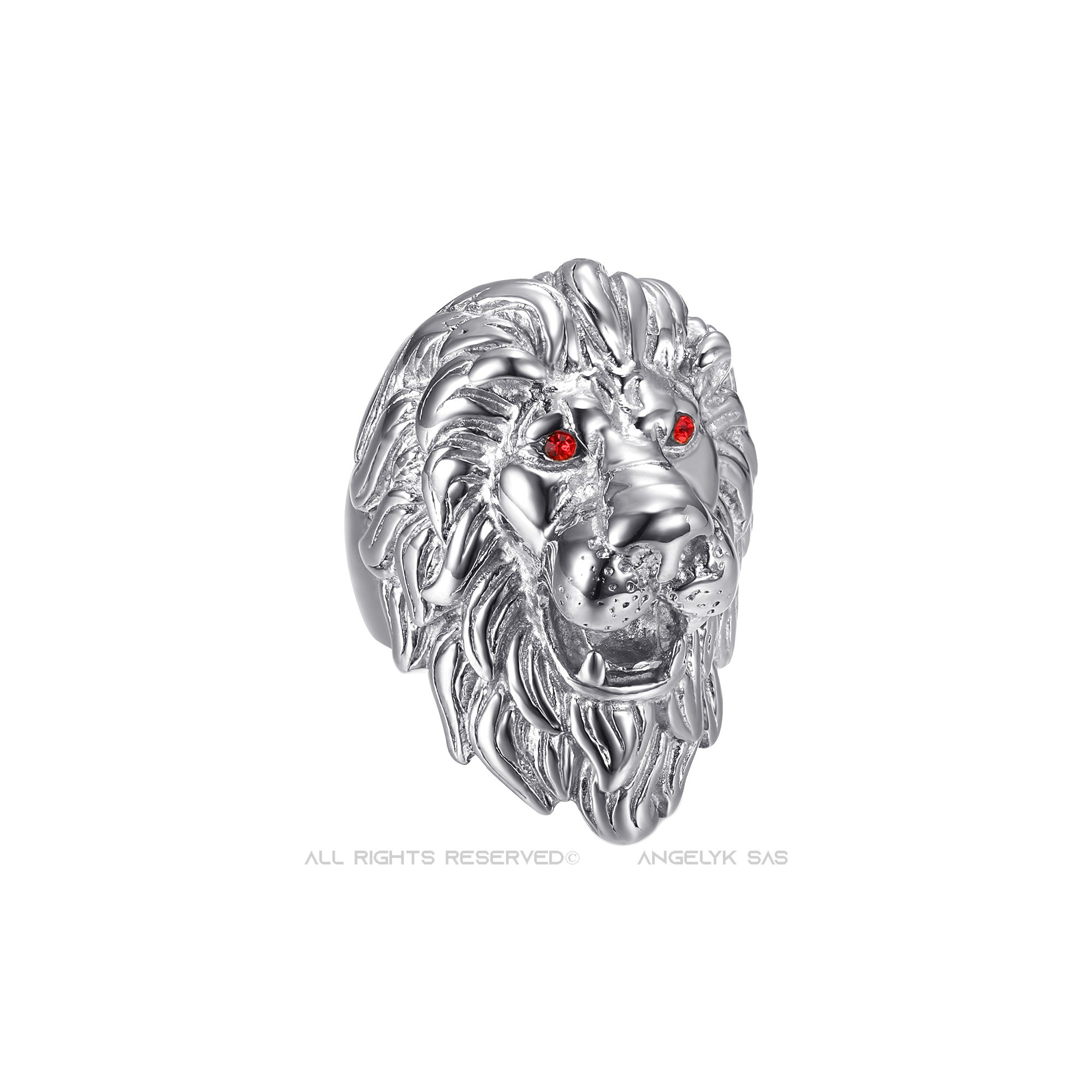 Lion head ring: Steel, Silver and Ruby, huge ring!