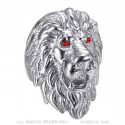 BA0341S BOBIJOO Jewelry Anillo de cabeza de león: ojos de rubí plateado y rojo, joya enorme