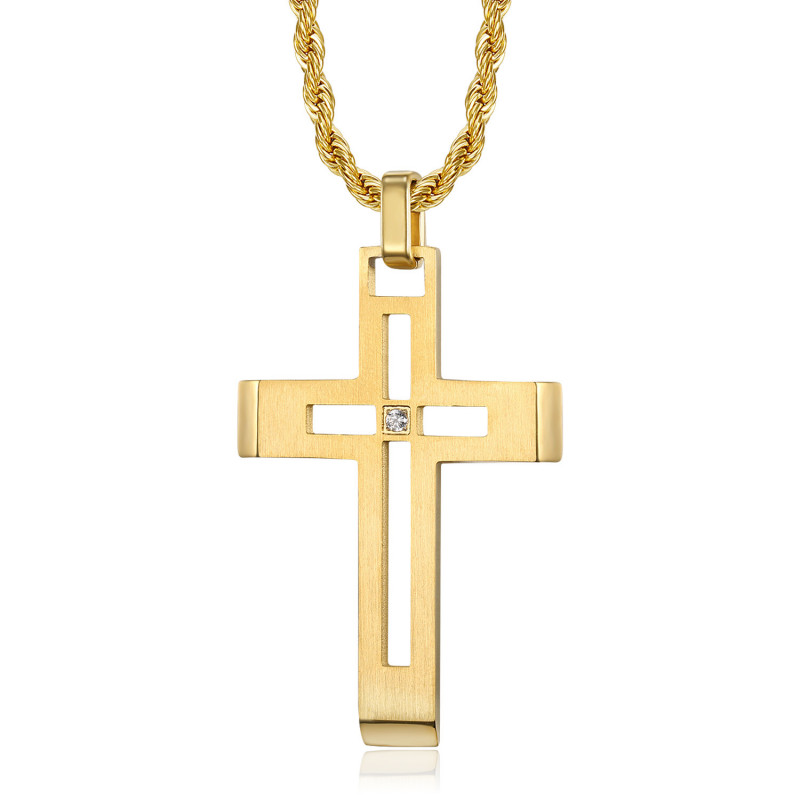 Collana uomo croce + catena Acciaio inossidabile Oro e Diamante