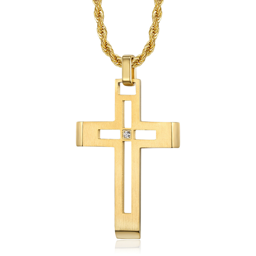 Collier croix homme + chaîne Acier inoxydable Or et Diamant