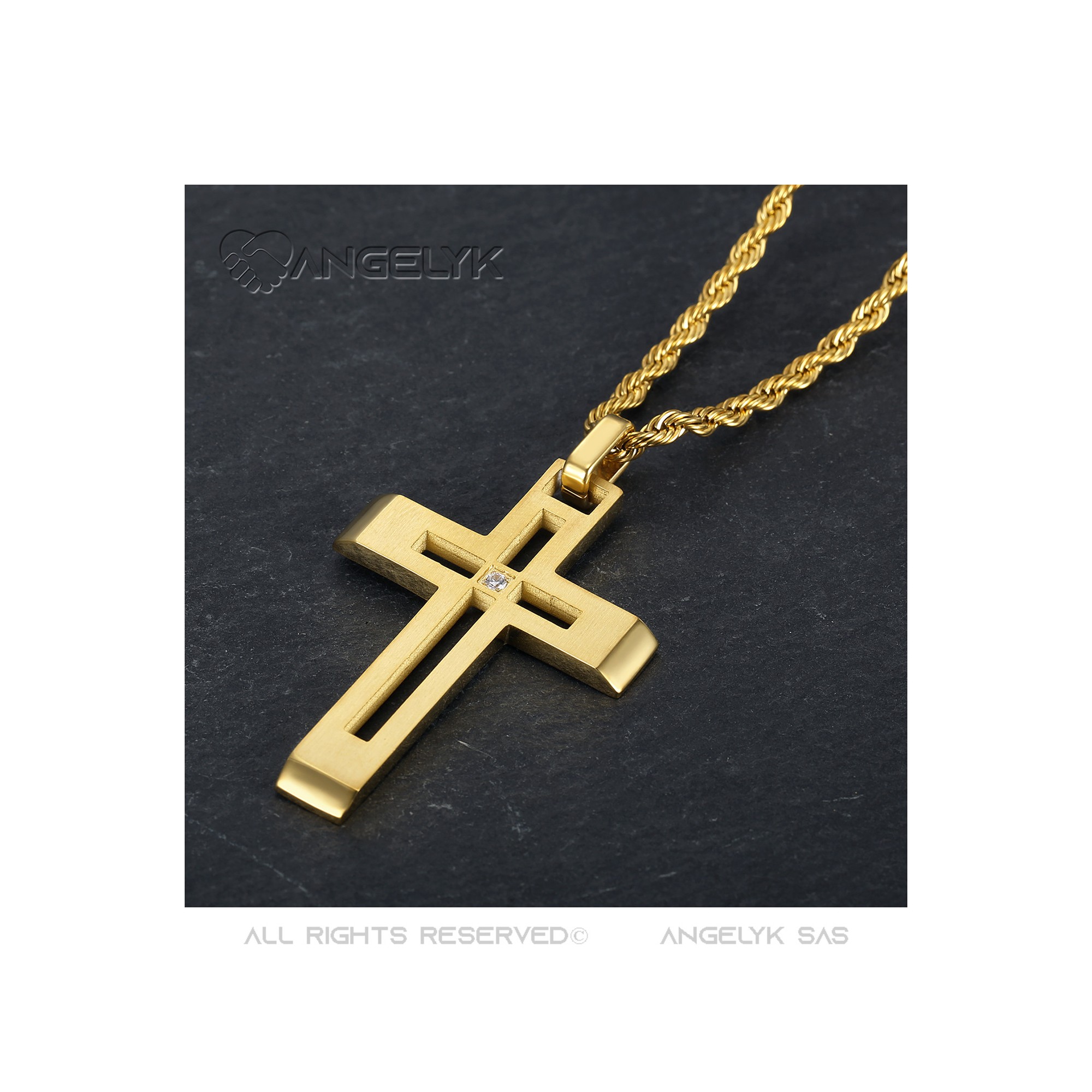 Collana Uomo 30 Acciaio Inox 6mm Placcato Oro Bordo Cubano Ciondolo Croce*BGJ - Foto 2