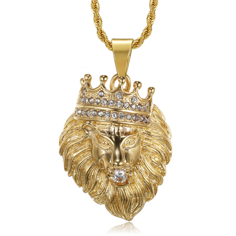 Ciondolo testa di leone coronato di diamanti in oro o argento bobijoo