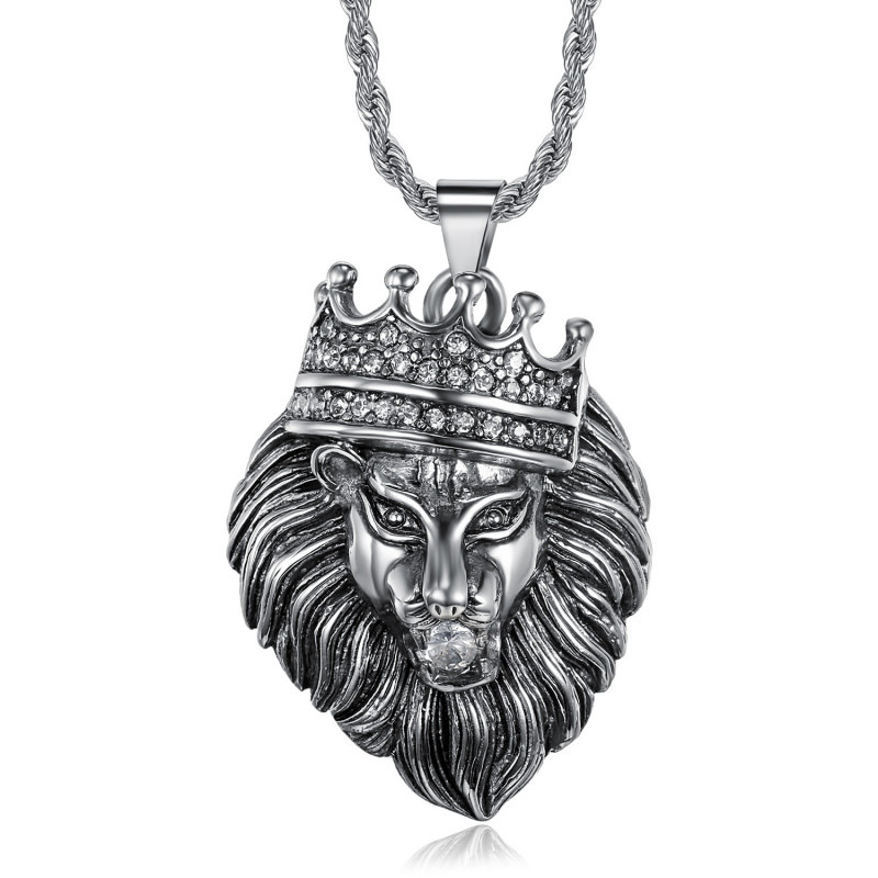 PE0139 BOBIJOO Jewelry Lion head pendant crowned with gold or silver diamonds