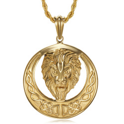 PE0140 BOBIJOO Jewelry Lion necklace, imposing sun and radiant head, Steel and Gold