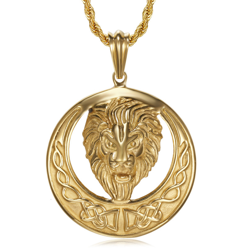 Collier lion, imposant soleil et tête rayonnante, Acier et Or bobijoo