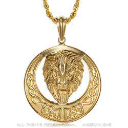 Collana leone, sole imponente e testa radiosa, bobijoo in acciaio e oro