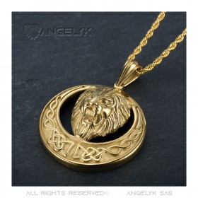 Collier lion, imposant soleil et tête rayonnante, Acier et Or bobijoo