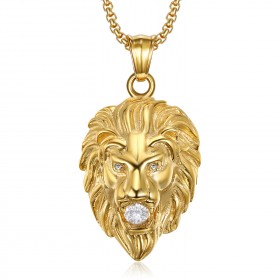 PE0326 BOBIJOO Jewelry Lion head necklace Steel Gold 3 rhinestones eyes and mouth