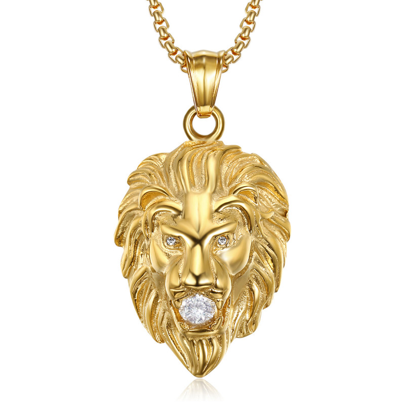 PE0326 BOBIJOO Jewelry Löwenkopf Halskette Stahl Gold 3 Strasssteine Augen und Mund