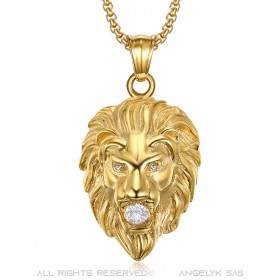 PE0326 BOBIJOO Jewelry Lion head necklace Steel Gold 3 rhinestones eyes and mouth