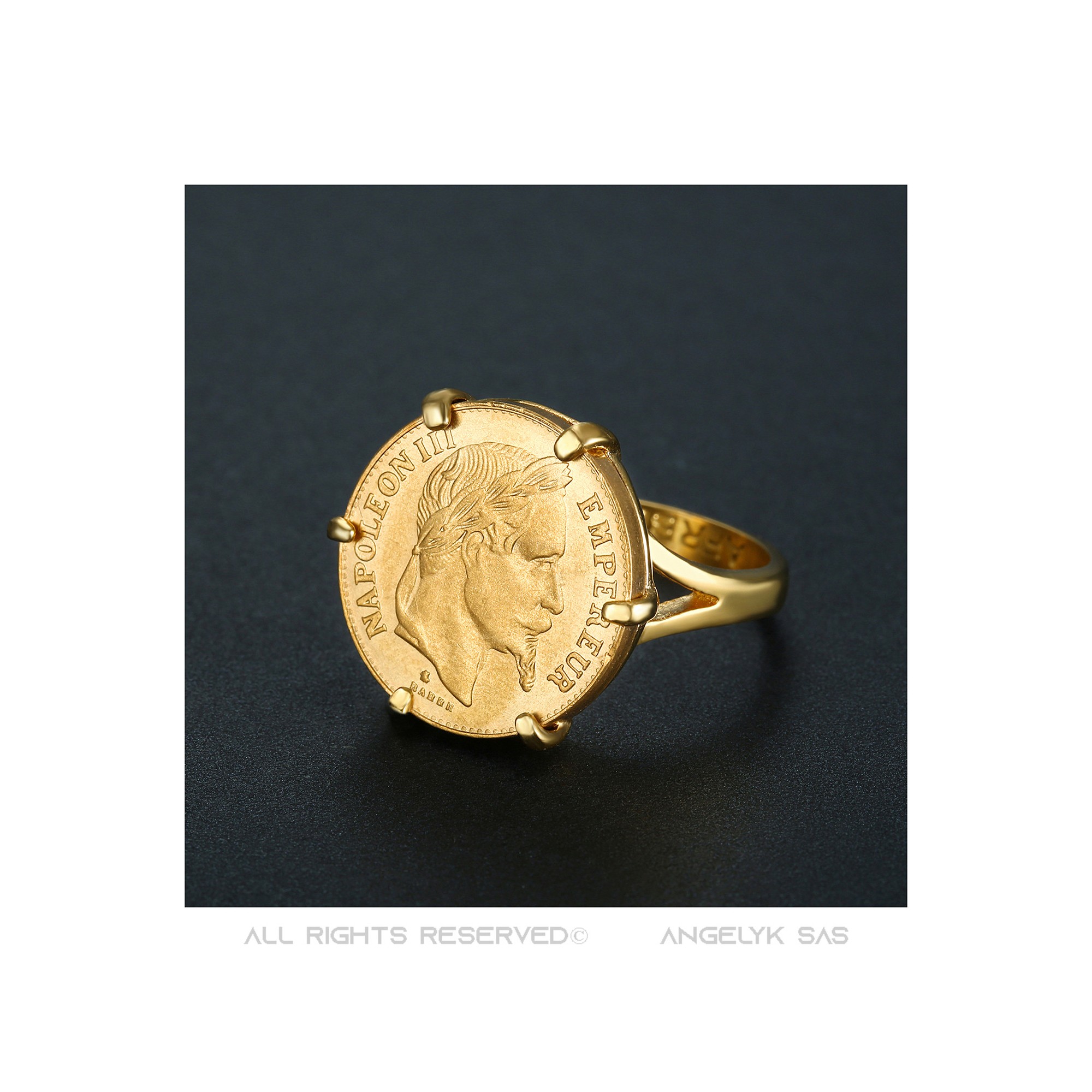 Bague Napoléon griffée en Acier inoxydable et Louis Or