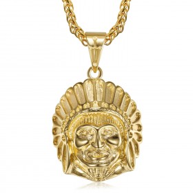 PE0328 BOBIJOO Jewelry Indian head necklace Stainless steel and Gold