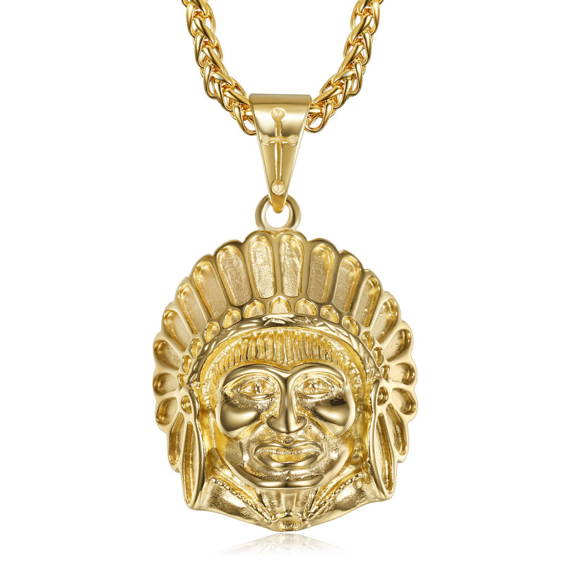 PE0328 BOBIJOO Jewelry Indian head necklace Stainless steel and Gold