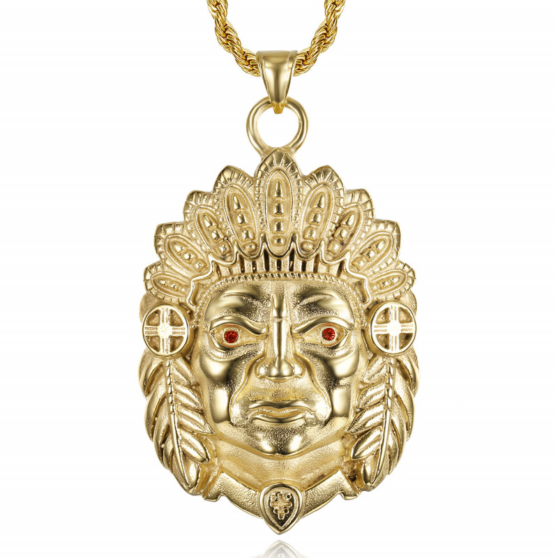 PE0330 BOBIJOO Jewelry Big Indian head necklace Ruby red eyes Steel Gold