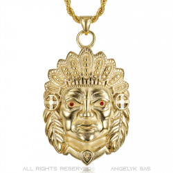 PE0330 BOBIJOO Jewelry Collar de cabeza de indio grande Ojos rojos rubí Acero Oro
